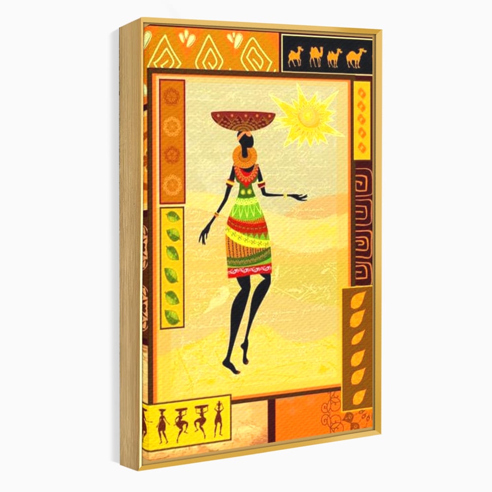 Tablou canvas cu tablou canvas cu silueta feminina african, in rama de aluminiu auriu