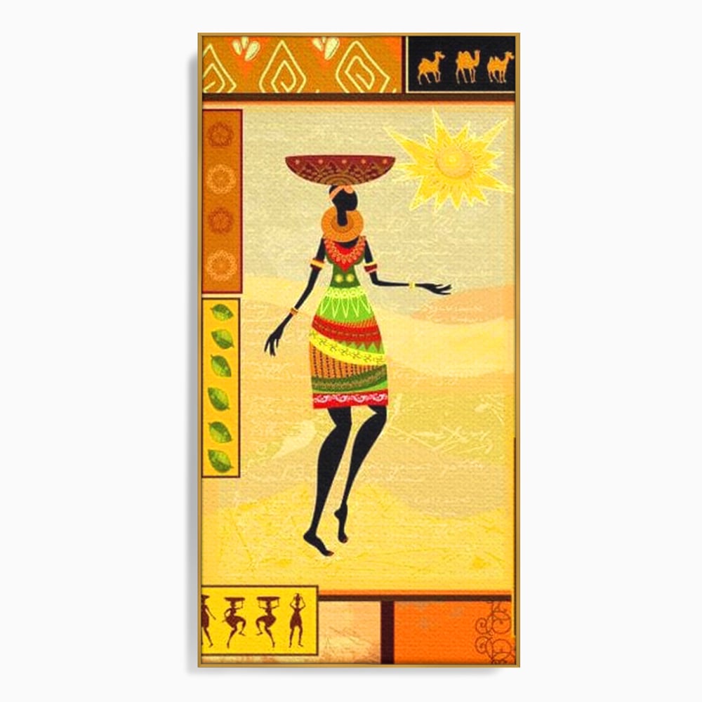 Tablou canvas cu tablou canvas cu silueta feminina african, in rama de aluminiu auriu
