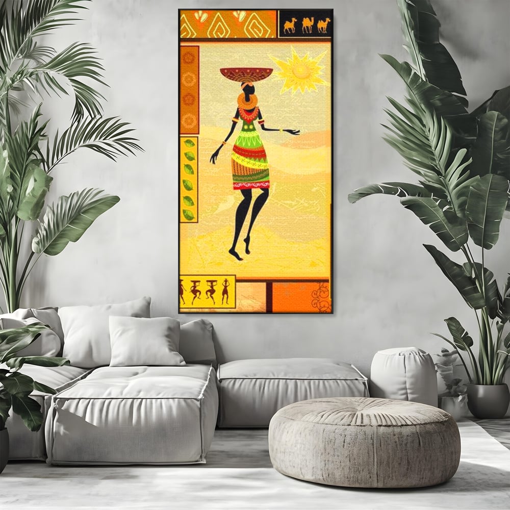 Tablou canvas cu tablou canvas cu silueta feminina african, in rama de aluminiu negru, pe perete intr-un living