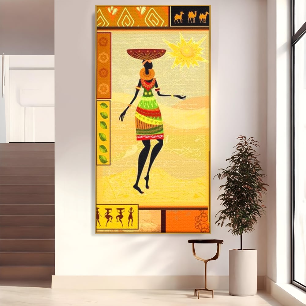 Tablou canvas cu tablou canvas cu silueta feminina african, in rama de aluminiu auriu