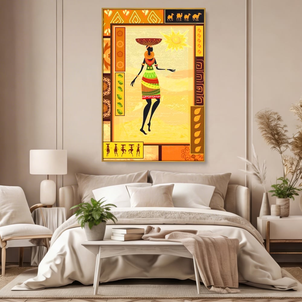 Tablou canvas cu tablou canvas cu silueta feminina african, in rama de aluminiu auriu, pe perete intr-un dormitor