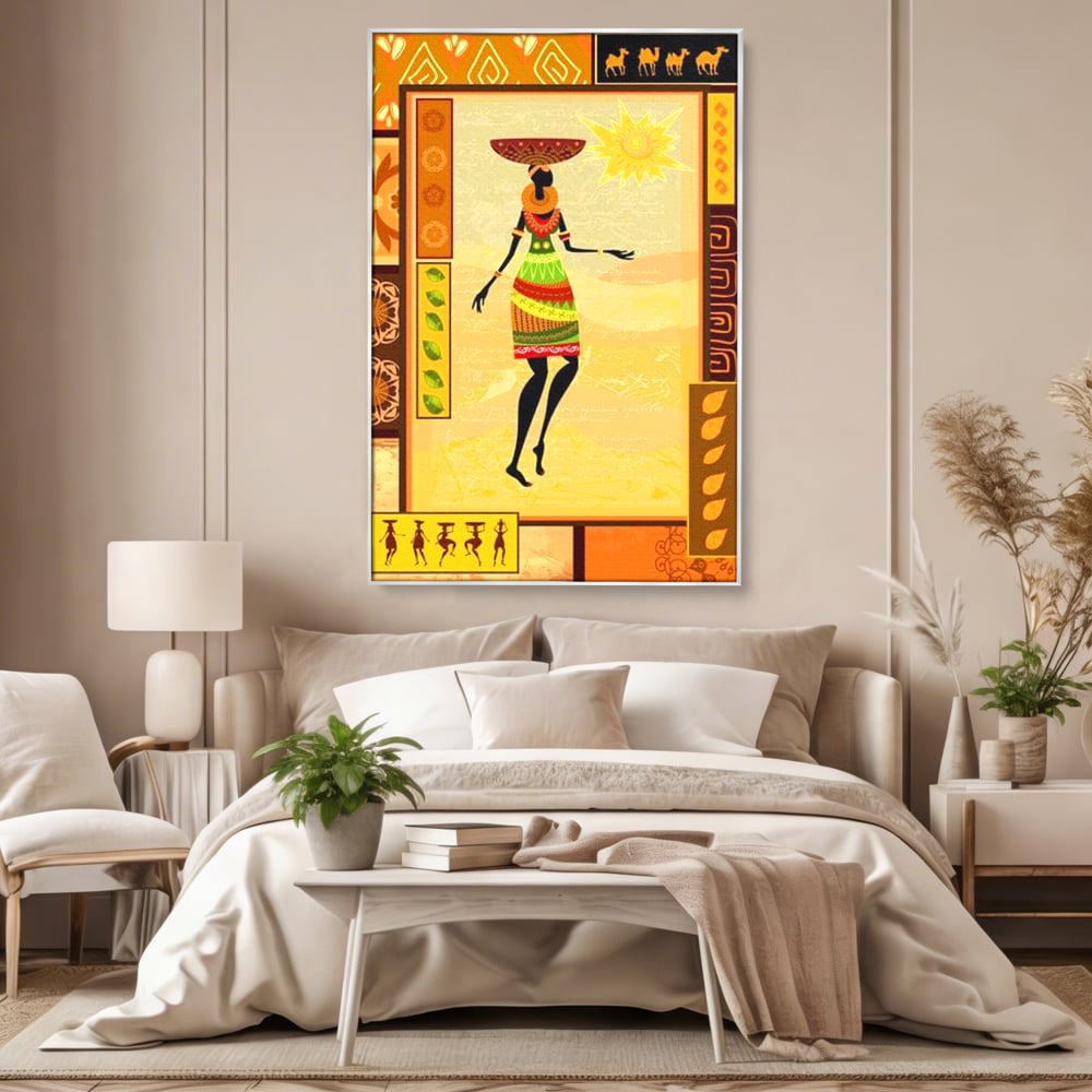 Tablou canvas cu tablou canvas cu silueta feminina african, in rama de aluminiu argintiu, pe perete intr-un dormitor