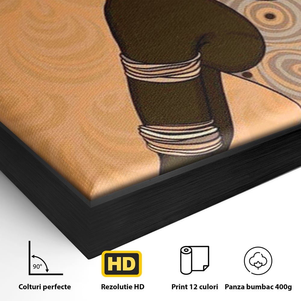Detaliu al suprafetei: tablou canvas portret femeie africana, in rama de aluminiu negru