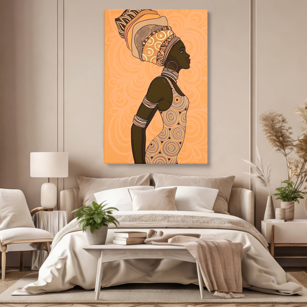 Tablou canvas cu tablou canvas portret femeie africana, fara rama, pe sasiu de lemn, pe perete intr-un dormitor