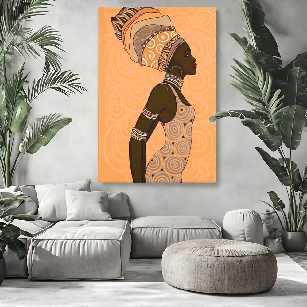 Tablou canvas cu tablou canvas portret femeie africana, fara rama, pe sasiu de lemn, pe perete intr-un living