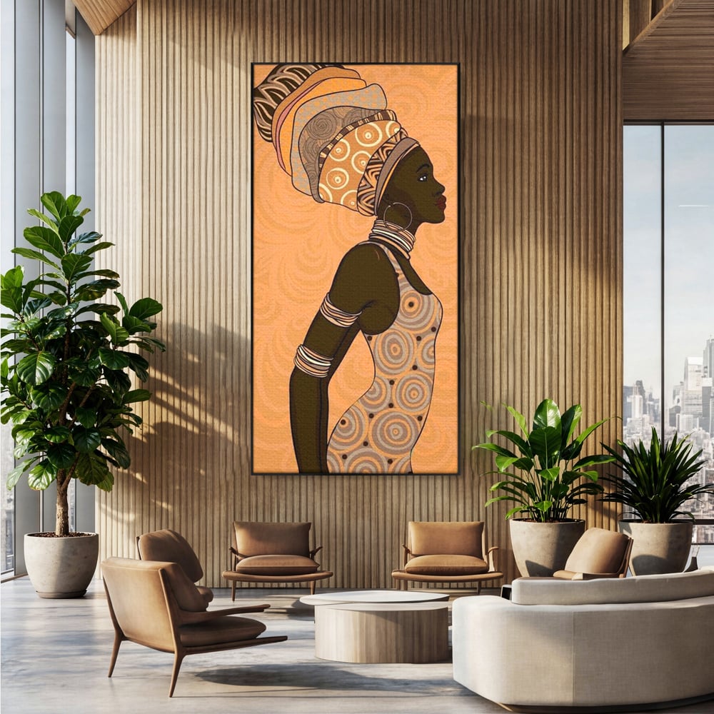 Tablou canvas cu tablou canvas portret femeie africana, in rama de aluminiu negru, pe perete intr-un birou