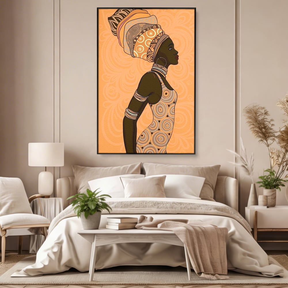 Tablou canvas cu tablou canvas portret femeie africana, in rama de aluminiu negru, pe perete intr-un dormitor