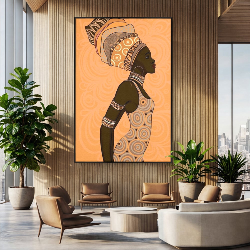 Tablou canvas cu tablou canvas portret femeie africana, in rama de aluminiu negru, pe perete intr-un birou