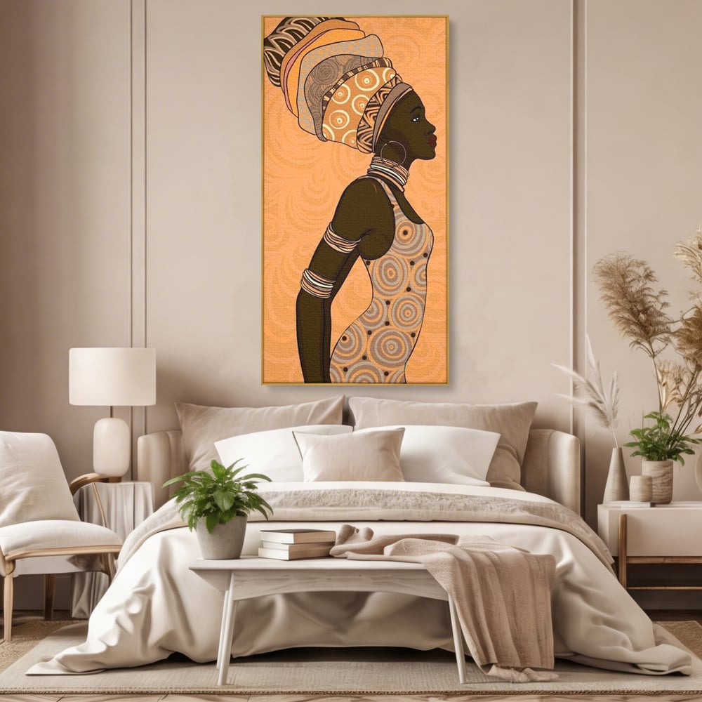 Tablou canvas cu tablou canvas portret femeie africana, in rama de aluminiu auriu, pe perete intr-un dormitor