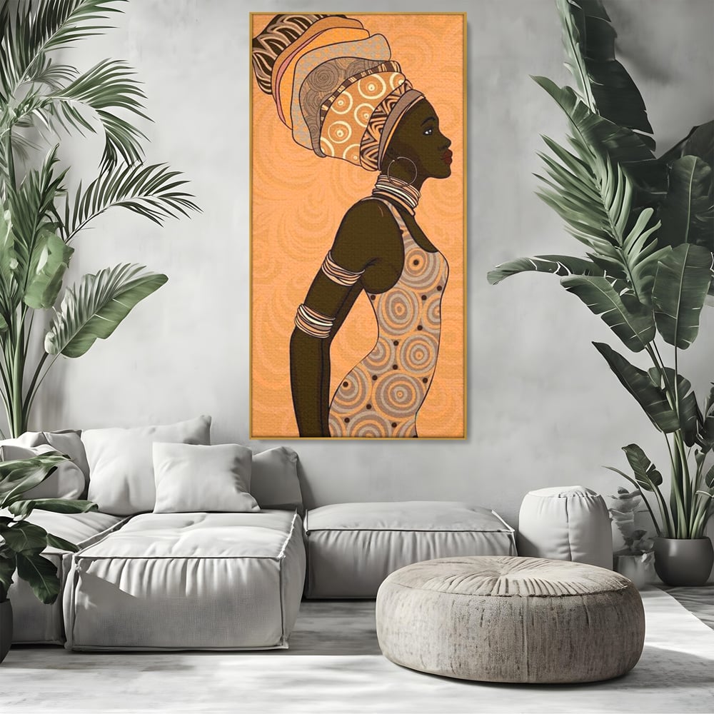 Tablou canvas cu tablou canvas portret femeie africana, in rama de aluminiu auriu, pe perete intr-un living