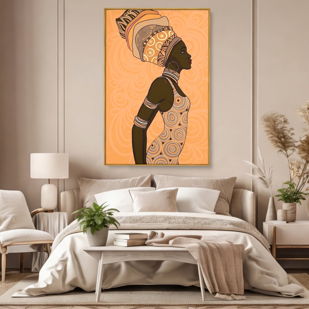 Tablou canvas cu tablou canvas portret femeie africana, in rama de aluminiu auriu, pe perete intr-un dormitor