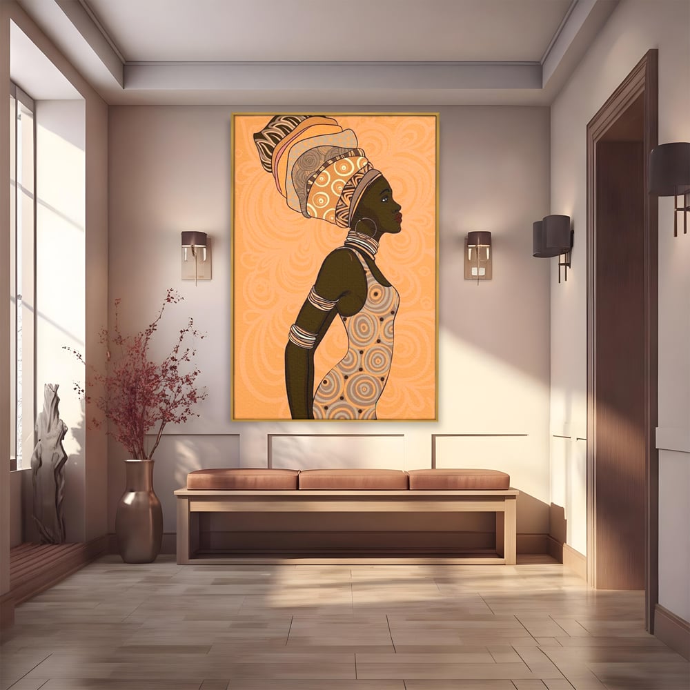 Tablou canvas cu tablou canvas portret femeie africana, in rama de aluminiu auriu