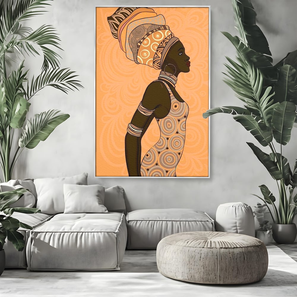 Tablou canvas cu tablou canvas portret femeie africana, in rama de aluminiu argintiu, pe perete intr-un living