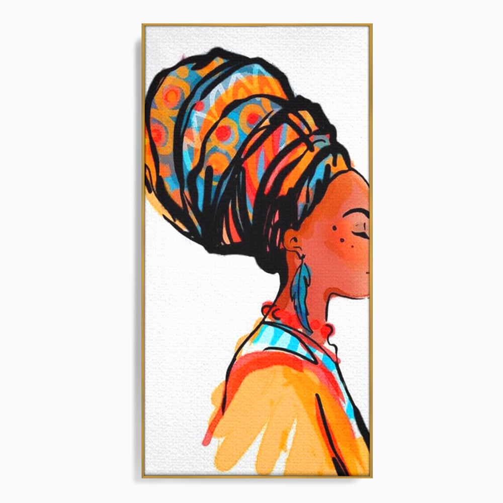 Tablou canvas cu ilustratie digitala cu profil de femeie, in rama de aluminiu auriu