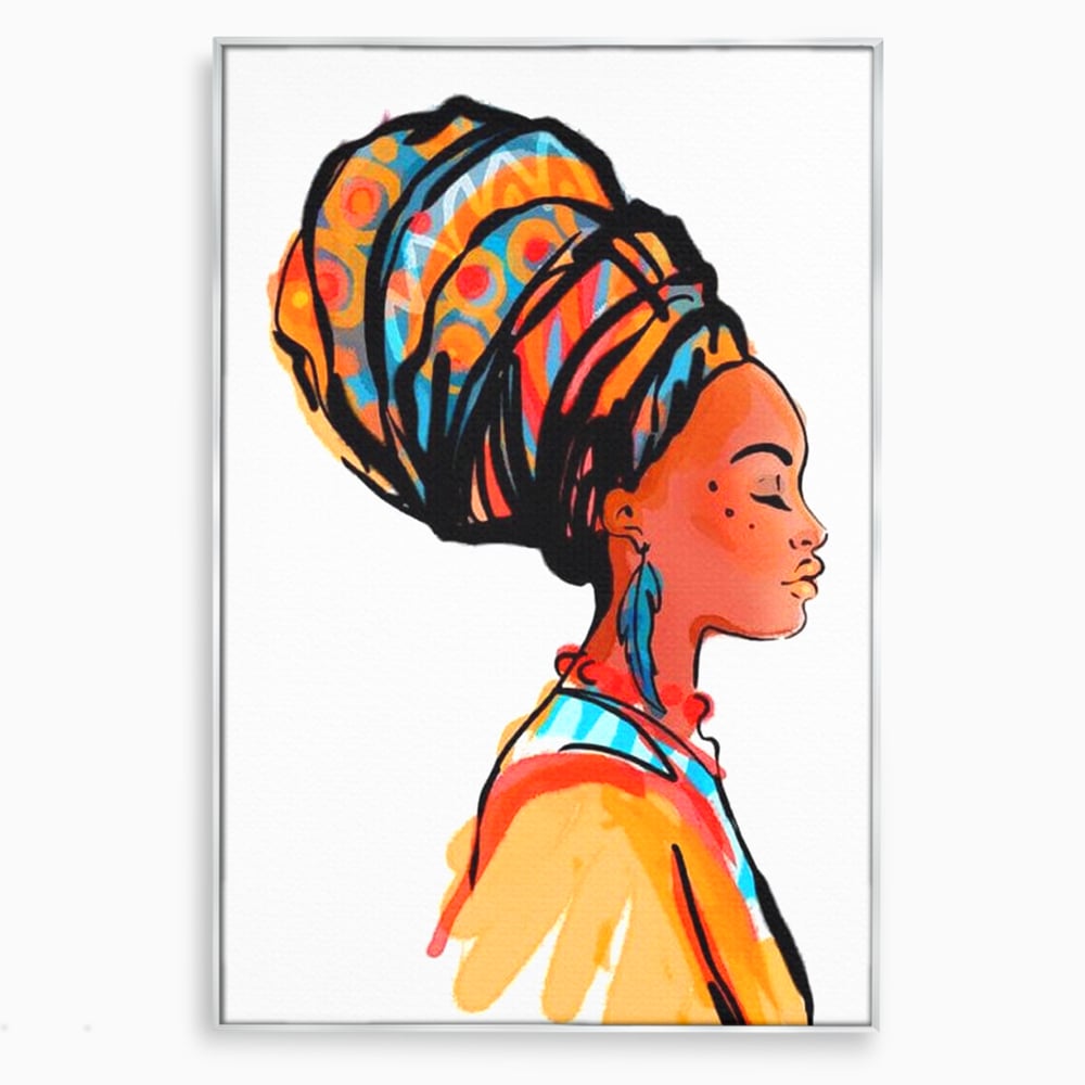 Tablou canvas cu ilustratie digitala cu profil de femeie, in rama de aluminiu argintiu