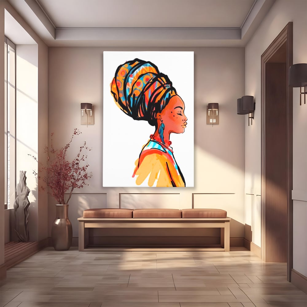 Tablou canvas cu ilustratie digitala cu profil de femeie, fara rama, pe sasiu de lemn