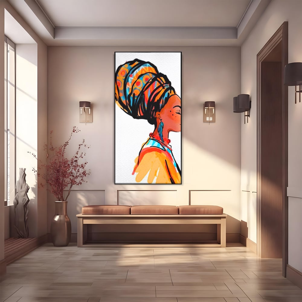 Tablou canvas cu ilustratie digitala cu profil de femeie, in rama de aluminiu negru