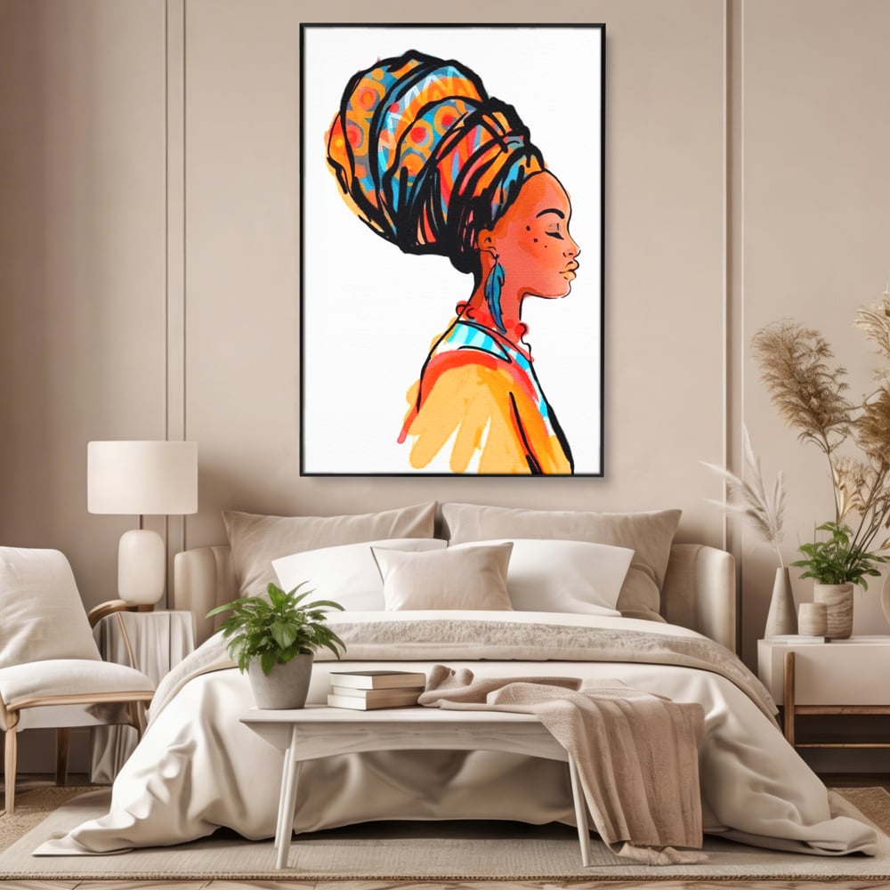 Tablou canvas cu ilustratie digitala cu profil de femeie, in rama de aluminiu negru, pe perete intr-un dormitor