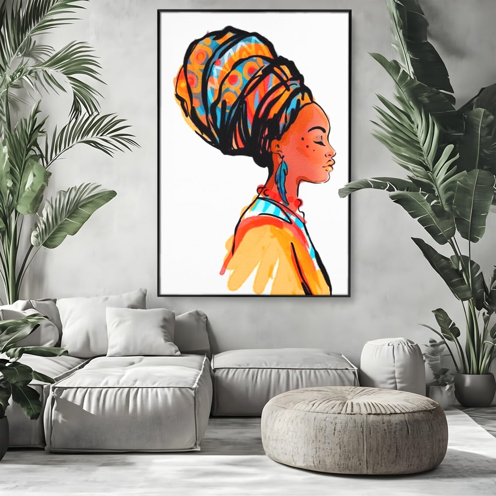 Tablou canvas cu ilustratie digitala cu profil de femeie, in rama de aluminiu negru, pe perete intr-un living