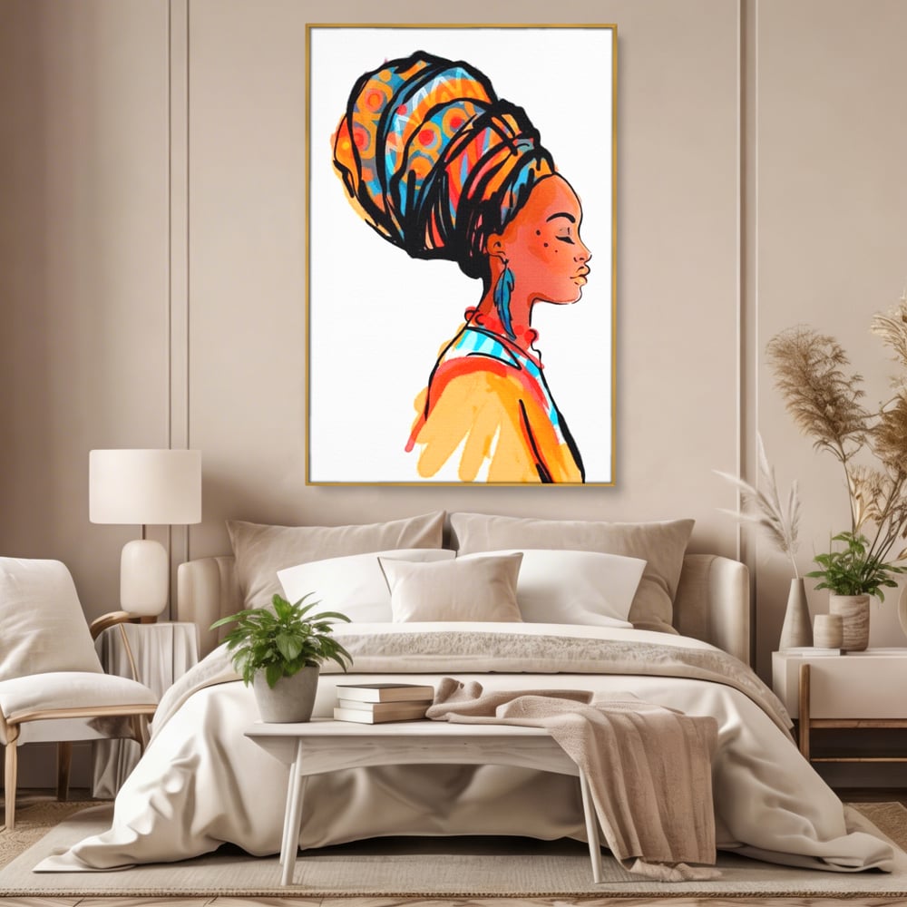 Tablou canvas cu ilustratie digitala cu profil de femeie, in rama de aluminiu auriu, pe perete intr-un dormitor