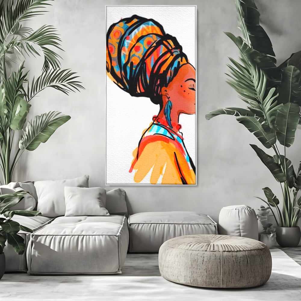 Tablou canvas cu ilustratie digitala cu profil de femeie, in rama de aluminiu argintiu, pe perete intr-un living