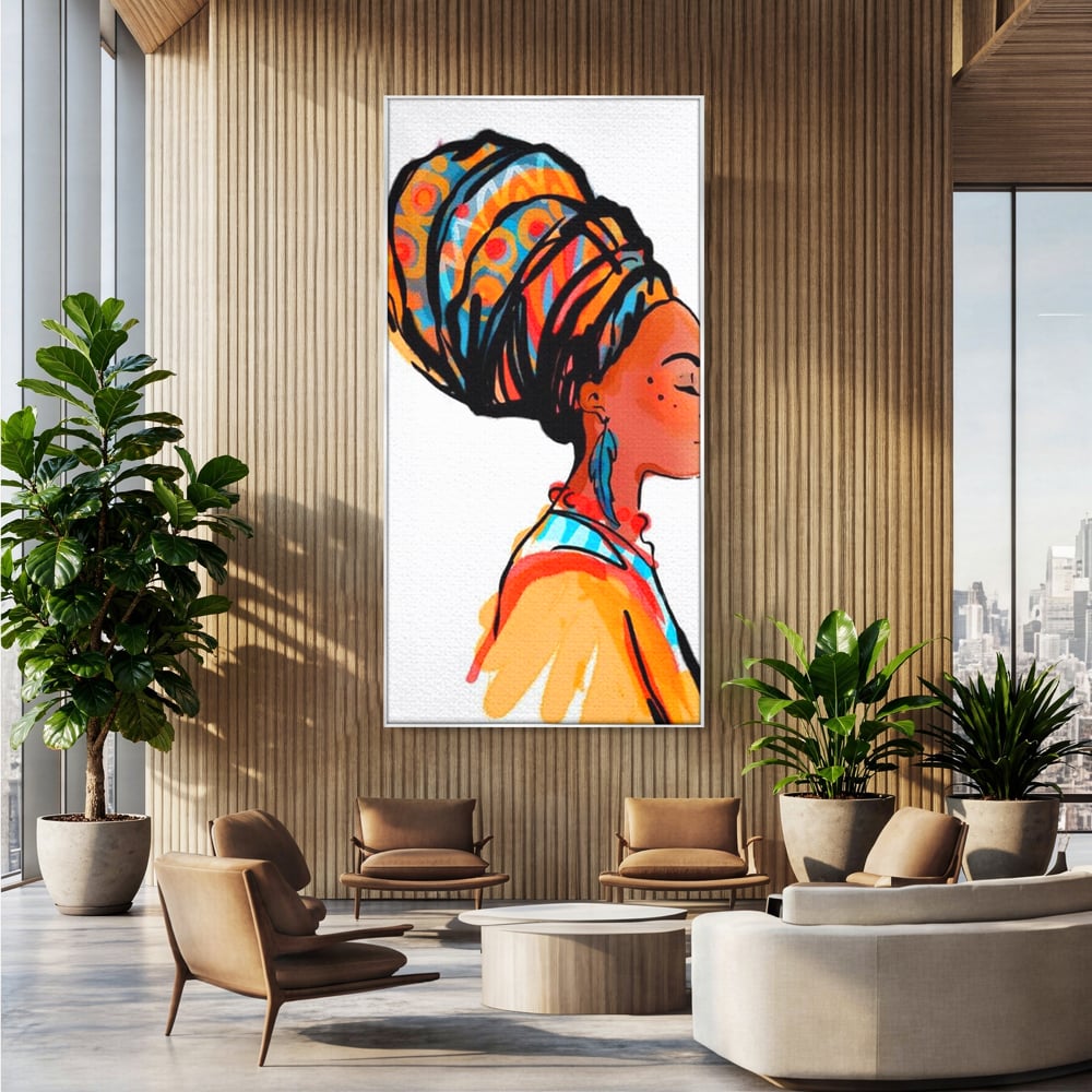 Tablou canvas cu ilustratie digitala cu profil de femeie, in rama de aluminiu argintiu, pe perete intr-un birou