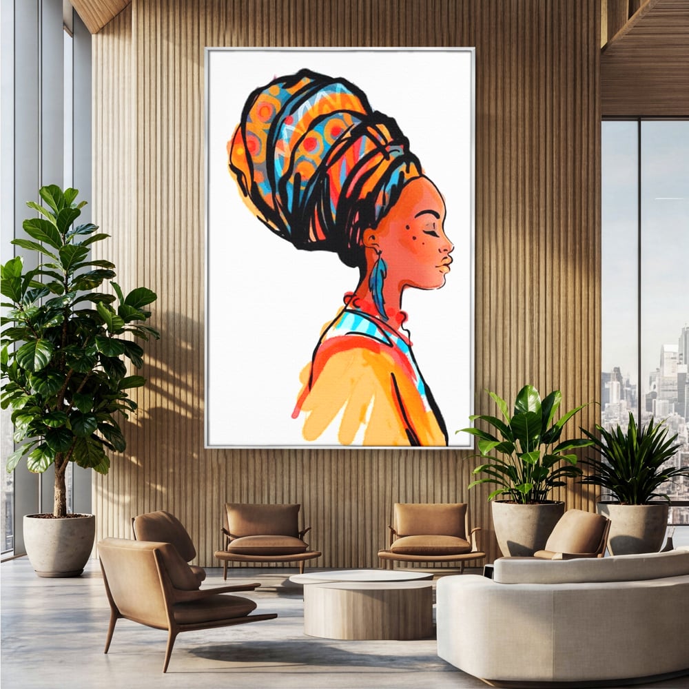 Tablou canvas cu ilustratie digitala cu profil de femeie, in rama de aluminiu argintiu, pe perete intr-un birou
