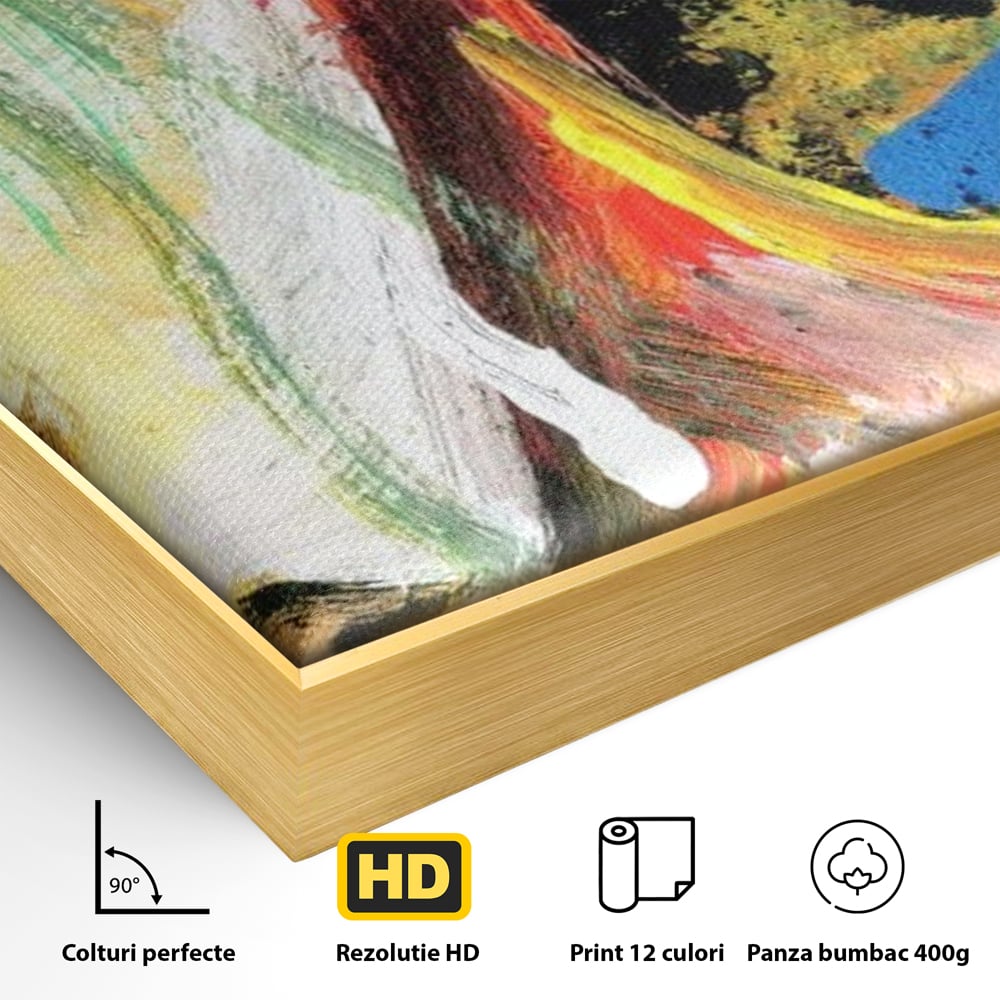 Detaliu al suprafetei: pictura abstracta cu portret si lacrimi, in rama de aluminiu auriu