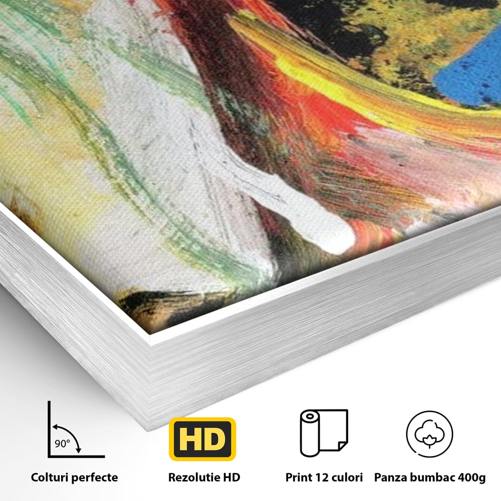 Detaliu al suprafetei: pictura abstracta cu portret si lacrimi, in rama de aluminiu argintiu
