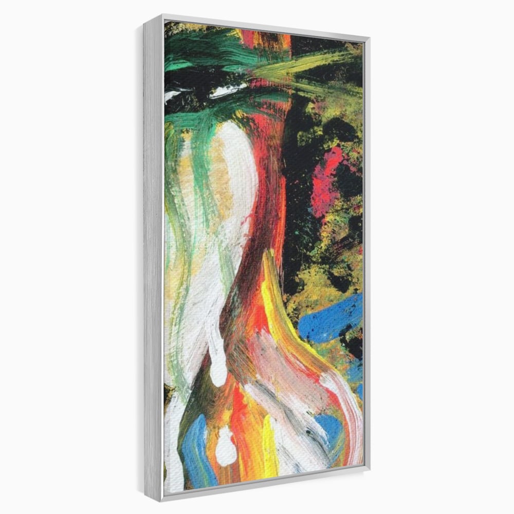 Tablou canvas cu pictura abstracta cu portret si lacrimi, in rama de aluminiu argintiu