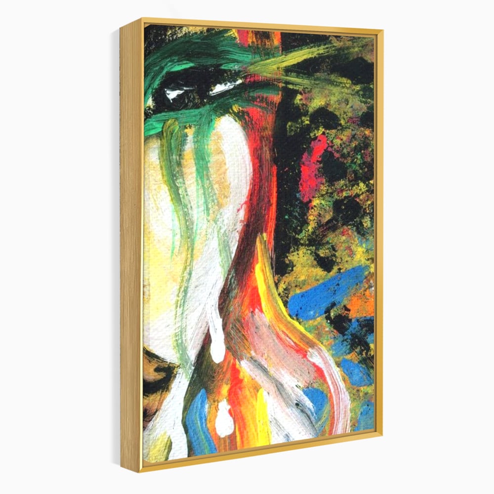 Tablou canvas cu pictura abstracta cu portret si lacrimi, in rama de aluminiu auriu