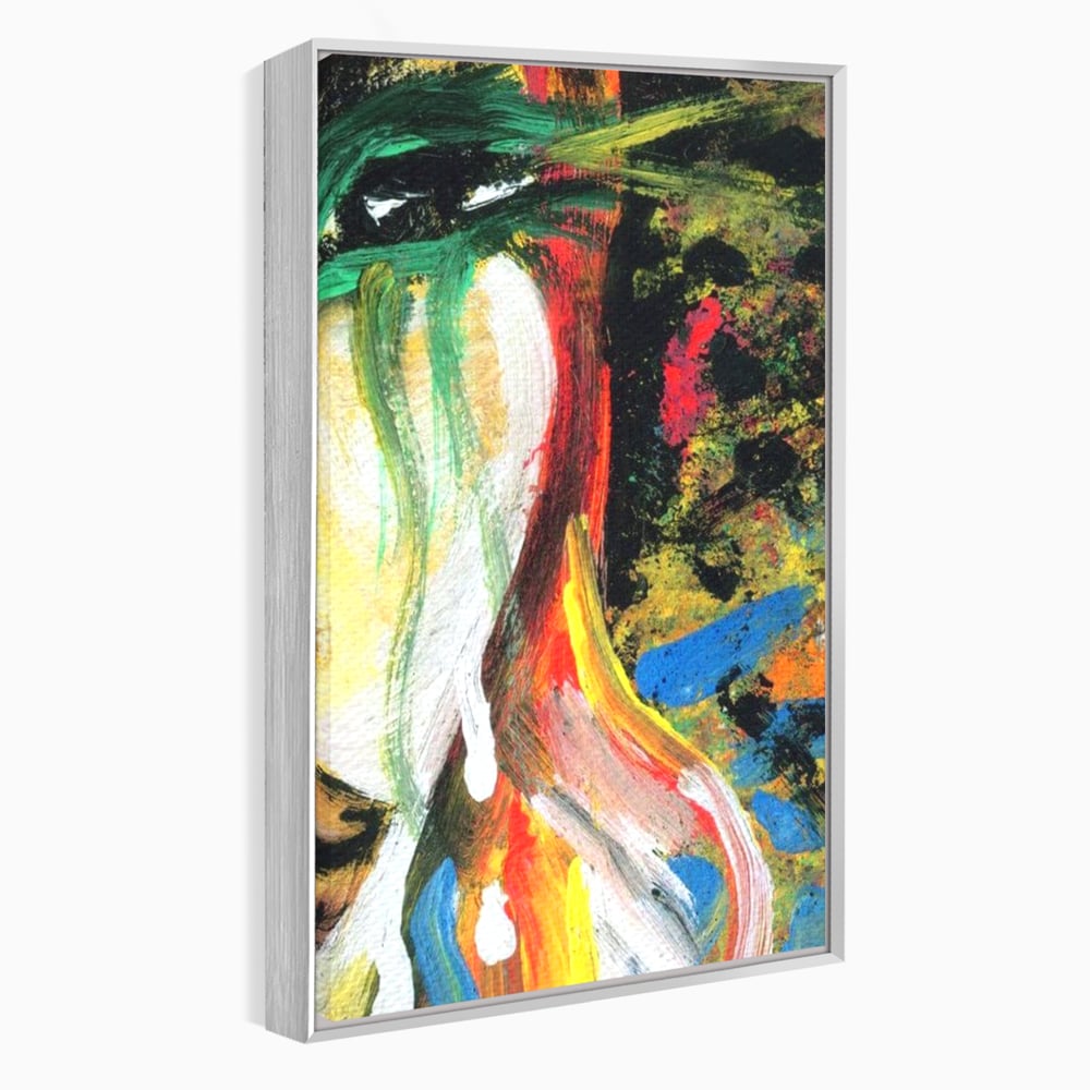 Tablou canvas cu pictura abstracta cu portret si lacrimi, in rama de aluminiu argintiu