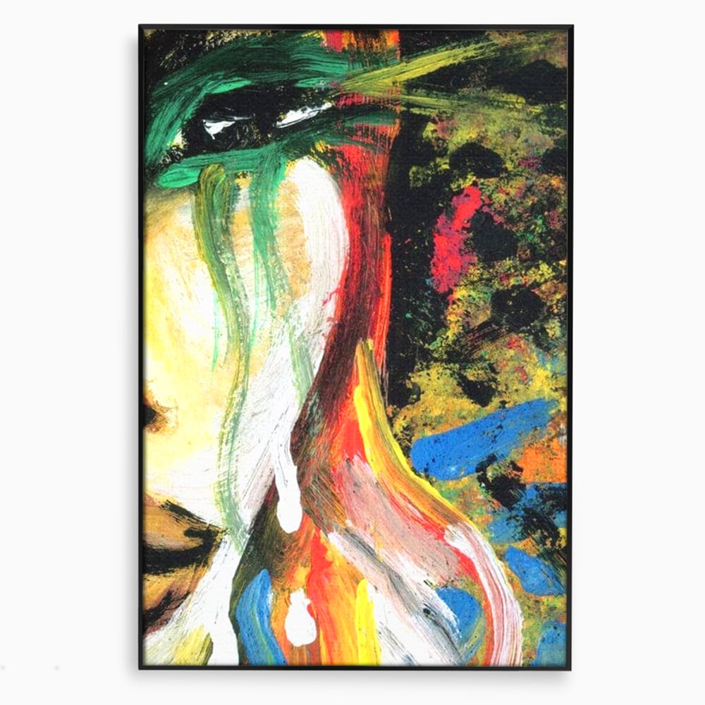 Tablou canvas cu pictura abstracta cu portret si lacrimi, in rama de aluminiu negru