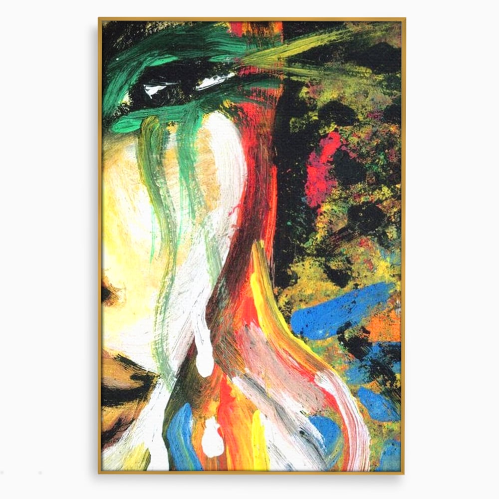Tablou canvas cu pictura abstracta cu portret si lacrimi, in rama de aluminiu auriu
