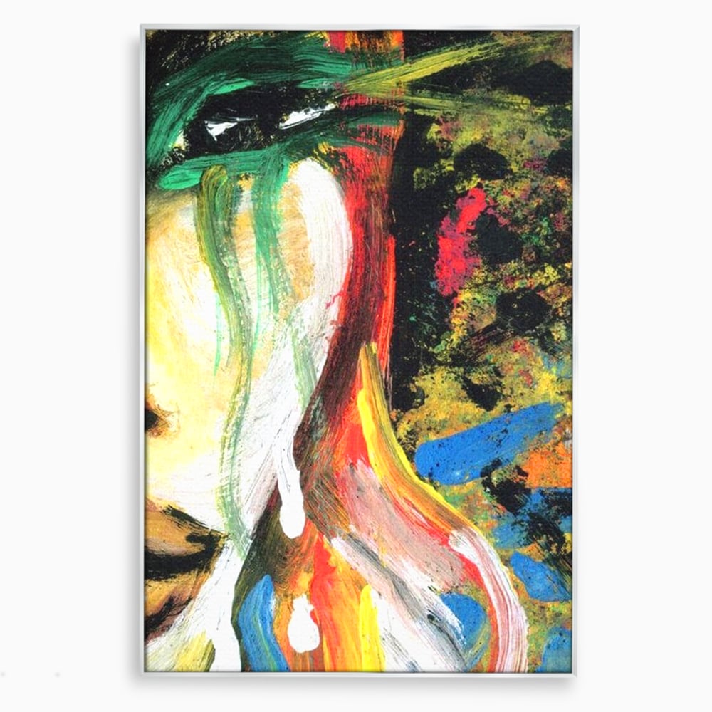 Tablou canvas cu pictura abstracta cu portret si lacrimi, in rama de aluminiu argintiu