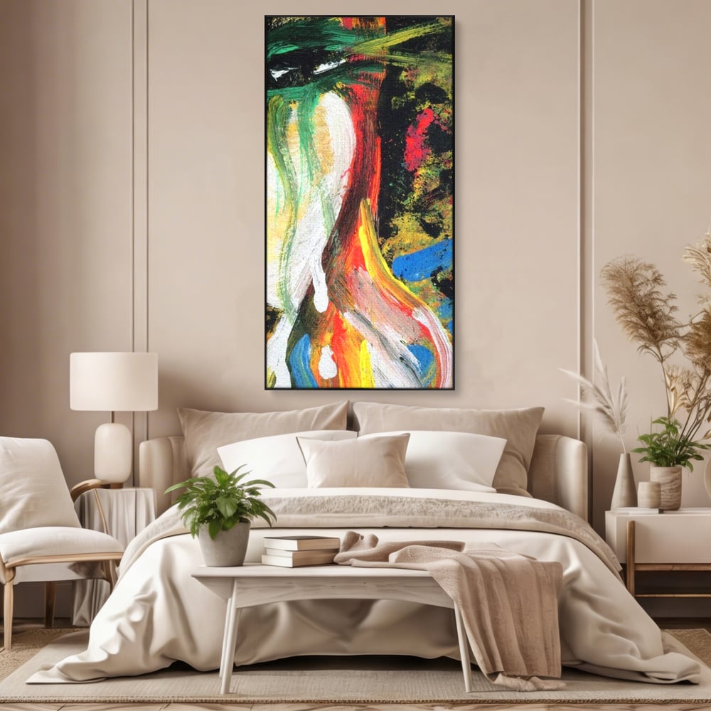 Tablou canvas cu pictura abstracta cu portret si lacrimi, in rama de aluminiu negru, pe perete intr-un dormitor