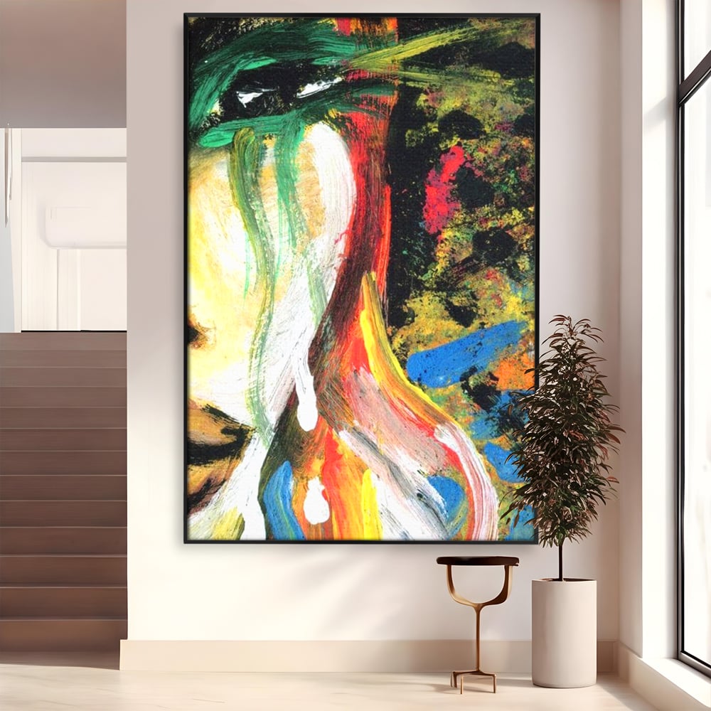 Tablou canvas cu pictura abstracta cu portret si lacrimi, in rama de aluminiu negru
