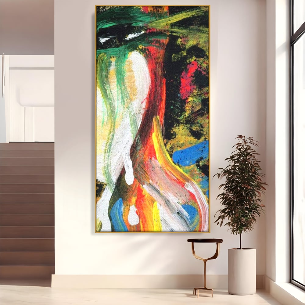 Tablou canvas cu pictura abstracta cu portret si lacrimi, in rama de aluminiu auriu