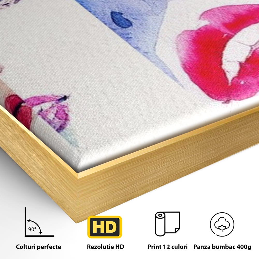 Detaliu al suprafetei: tablou canvas cu patru portrete feminine, in rama de aluminiu auriu