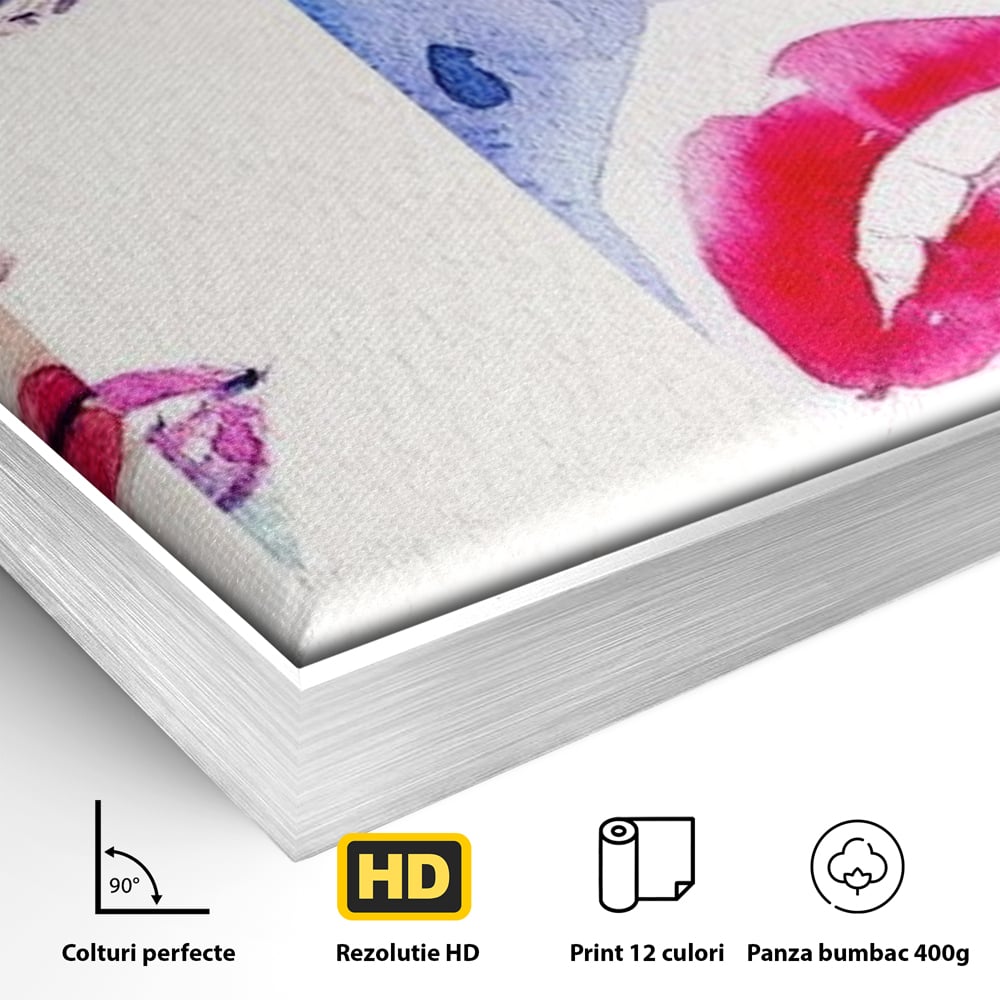Detaliu al suprafetei: tablou canvas cu patru portrete feminine, in rama de aluminiu argintiu