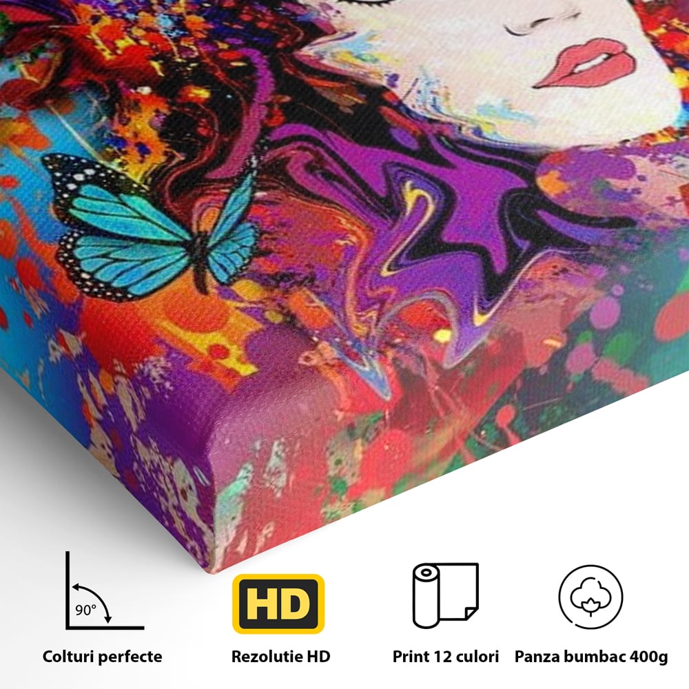 Detaliu al suprafetei: tablou canvas cu portret artistic de femeie, fara rama, pe sasiu de lemn