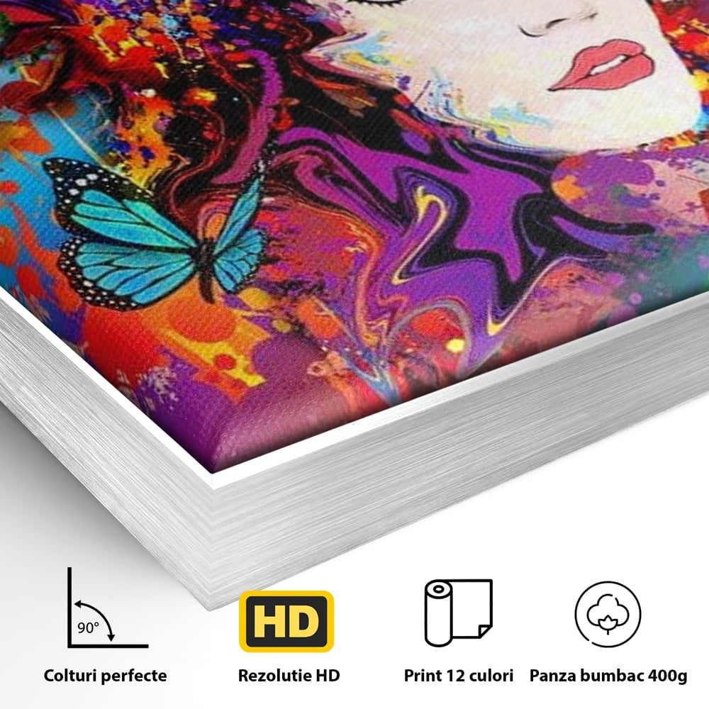 Detaliu al suprafetei: tablou canvas cu portret artistic de femeie, in rama de aluminiu argintiu