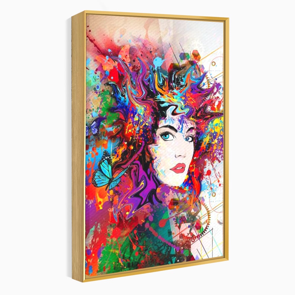 Tablou canvas cu tablou canvas cu portret artistic de femeie, in rama de aluminiu auriu