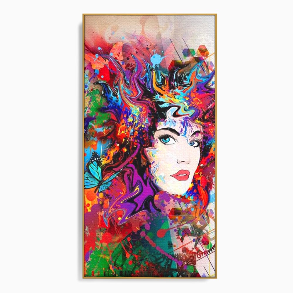 Tablou canvas cu tablou canvas cu portret artistic de femeie, in rama de aluminiu auriu