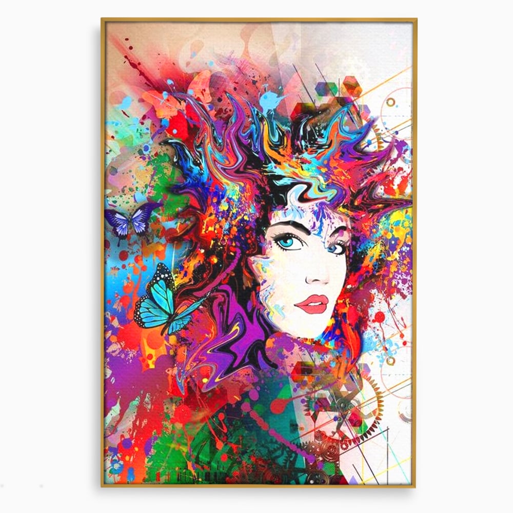 Tablou canvas cu tablou canvas cu portret artistic de femeie, in rama de aluminiu auriu