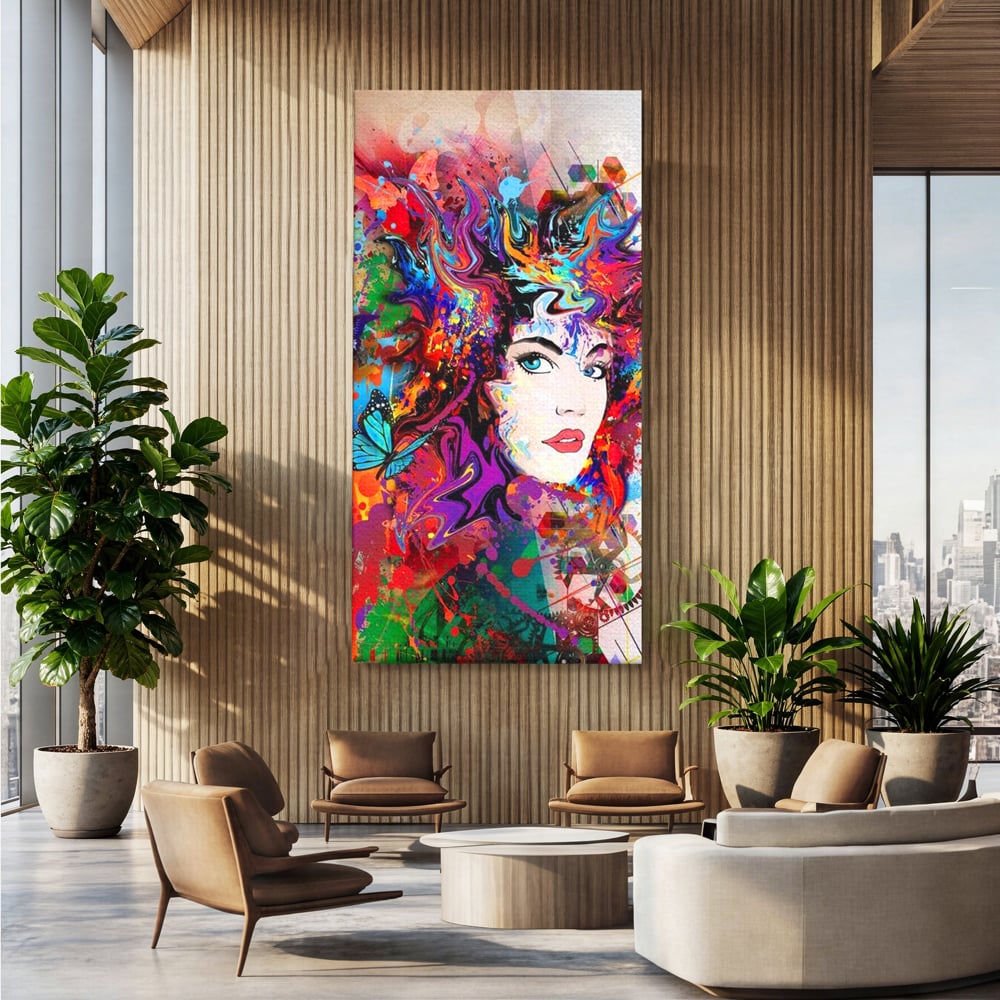 Tablou canvas cu tablou canvas cu portret artistic de femeie, fara rama, pe sasiu de lemn, pe perete intr-un birou