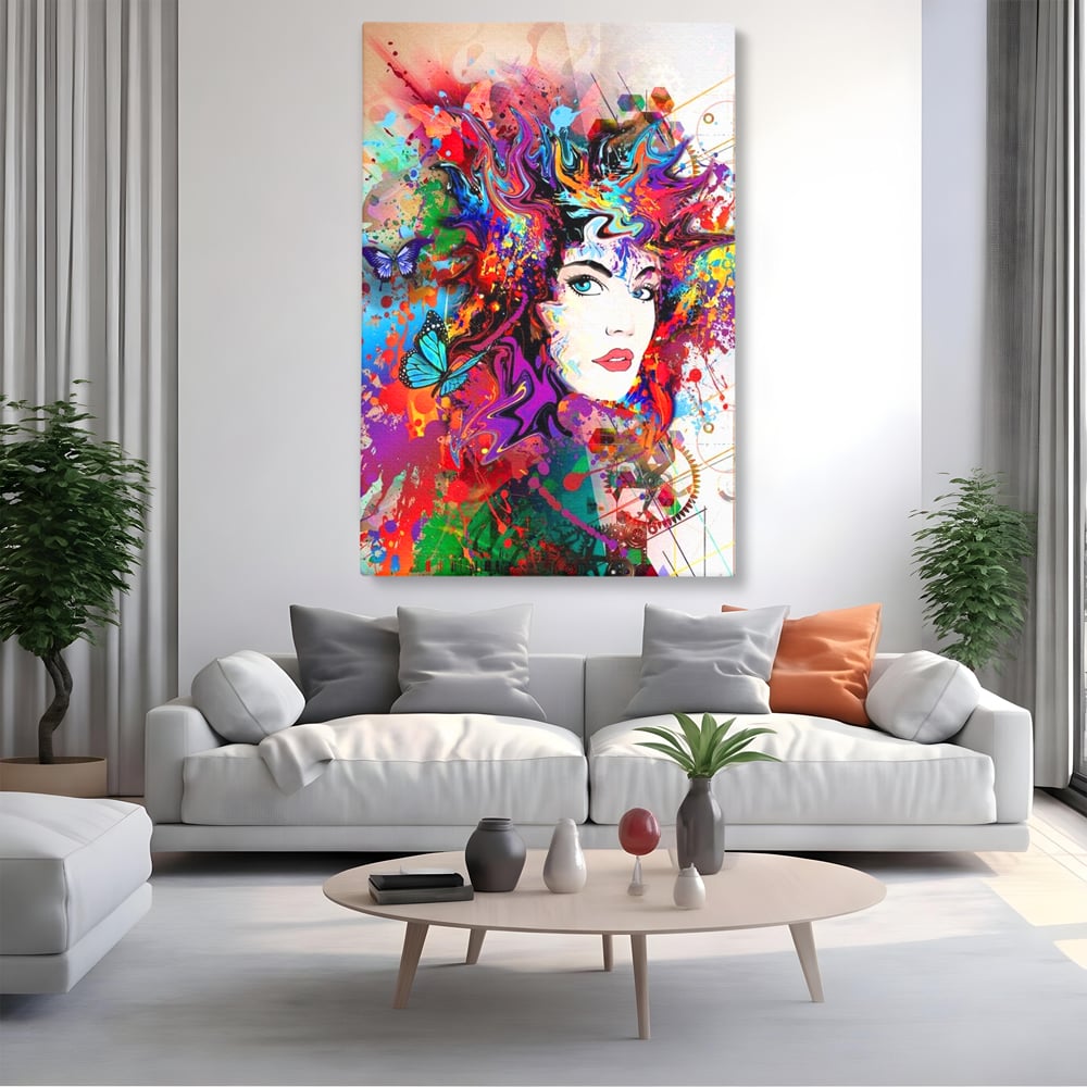 Tablou canvas cu tablou canvas cu portret artistic de femeie, fara rama, pe sasiu de lemn, pe perete intr-un living