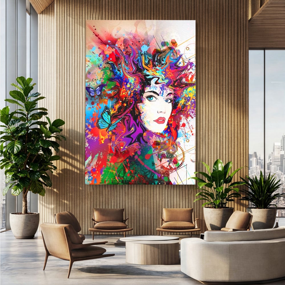 Tablou canvas cu tablou canvas cu portret artistic de femeie, fara rama, pe sasiu de lemn, pe perete intr-un birou