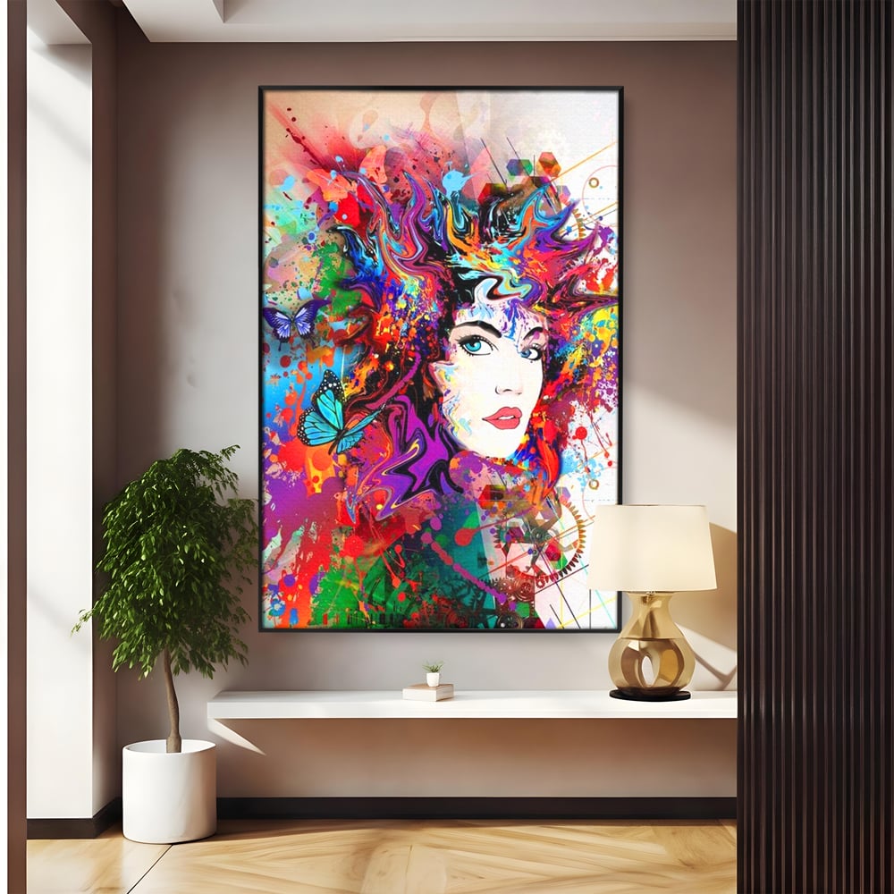 Tablou canvas cu tablou canvas cu portret artistic de femeie, in rama de aluminiu negru