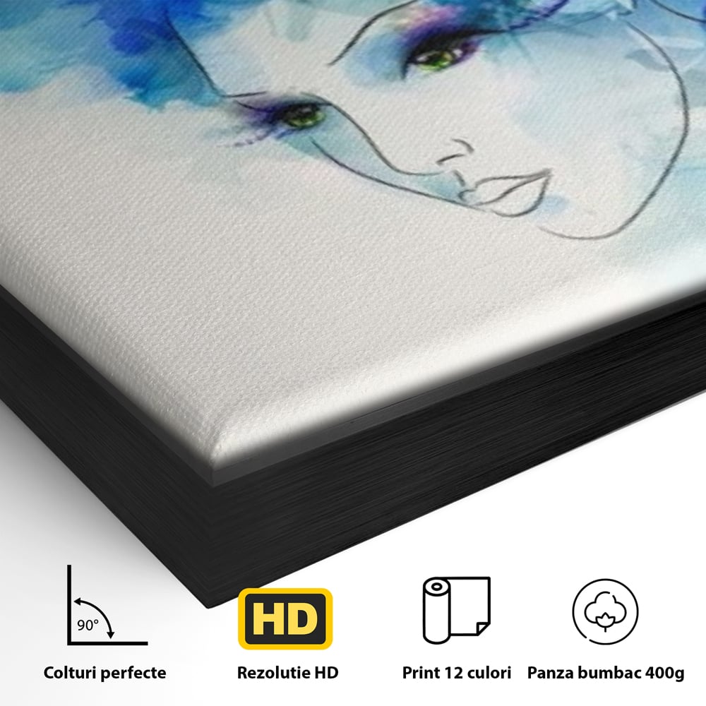 Detaliu al suprafetei: tablou canvas cu portret de femeie si flori albastre, in rama de aluminiu negru